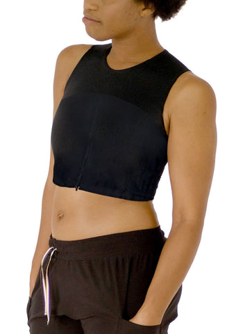 front of binder showing downwards zipper and stretchier fabric around the shoulders and armholes