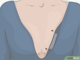 wikiHow sketch of how to use fashion tape to keep the neckline of a blouse in place around cleavage