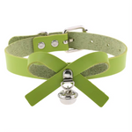green kitten collar with bow, bell, buckle, and D-ring for leash